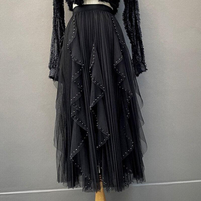 Elegant Pearl-Embellished Korean Party Skirt with High Elastic Waist