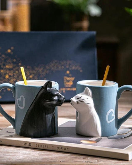 Romantic Cat-Themed Couple's Ceramic Coffee Mugs - Set of 2