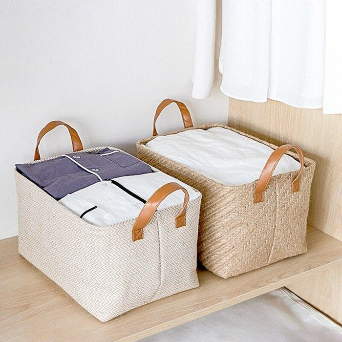 Chic Handcrafted Jute Basket with PU Handles - Stylish Storage Essential
