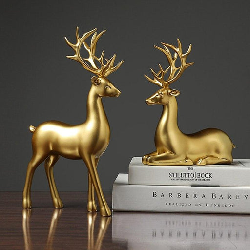 Golden Nordic Deer Couple Figurines: Elegant Resin Home Decor for Modern Interiors
