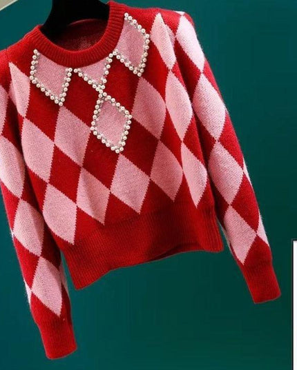 Korean Chic Diamond-Embellished Autumn Sweater