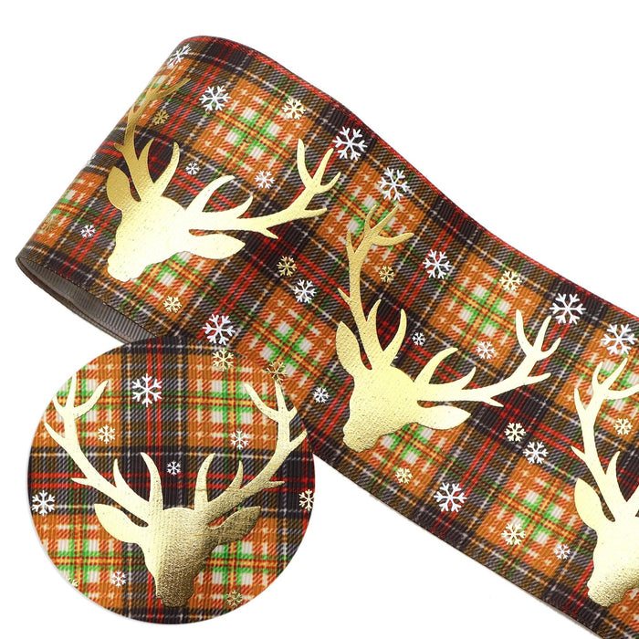 Festive Christmas Snowflake Deer Print Gold Foil Grosgrain Ribbon - 75mm Width