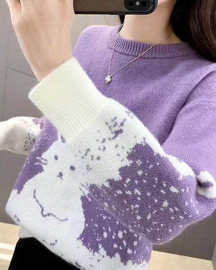 Chic Crimson Rabbit Jacquard Spring Sweater for Women