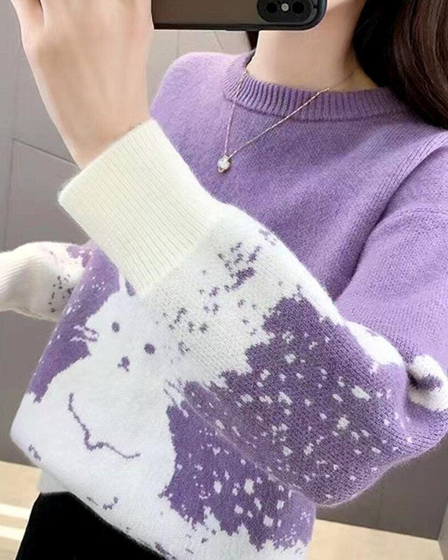 Chic Crimson Rabbit Jacquard Spring Sweater for Women