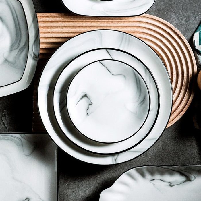 Elevate Your Table Setting with 30-Piece Chic Black Border Ceramic Marble Dessert Plates - Timeless and Sturdy