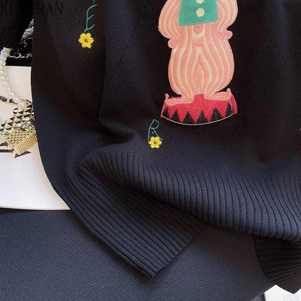 Stylish Black Anime Embroidered Short Sleeve Knit Tee for Women