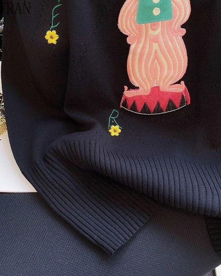 Stylish Black Anime Embroidered Short Sleeve Knit Tee for Women