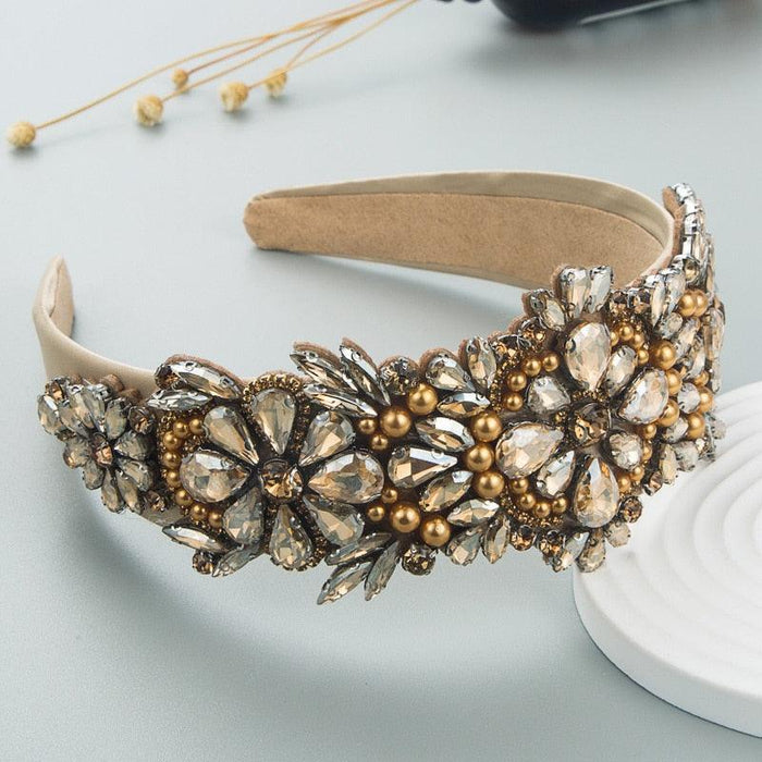 Elegant Botanica Baroque Rhinestone Headband with Glass Flower Detail