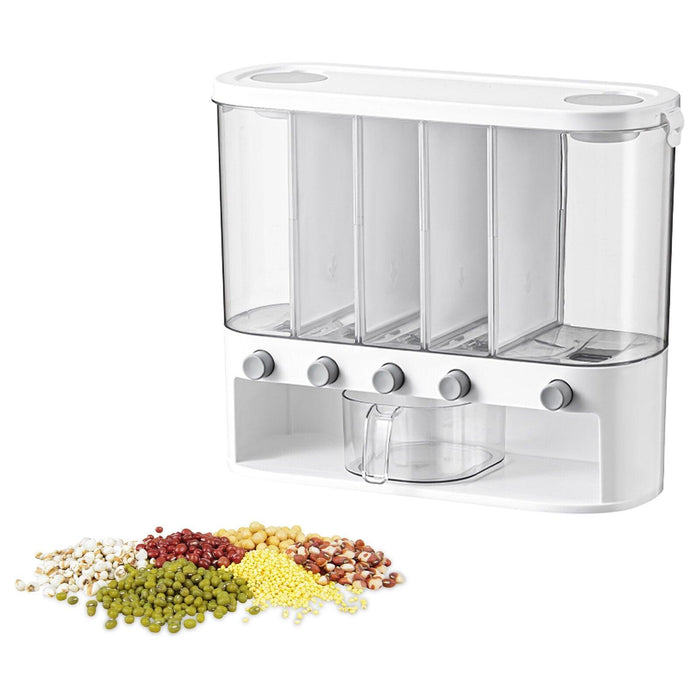 5-Compartment White Wall-Mounted Rice Storage Container - 12L Capacity