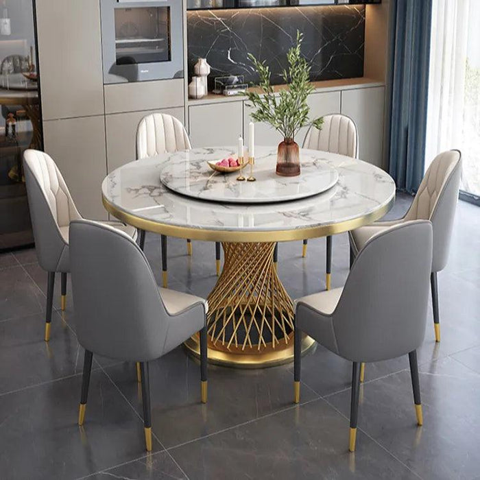 Luxurious Marble Dining Ensemble with Stainless Steel Base - Sophisticated Dining Set for Stylish Spaces