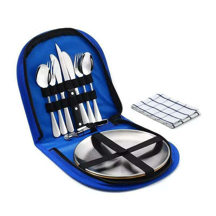 Compact Picnic Dining Set for Two - Durable Stainless Steel with Colorful Cloth Kit