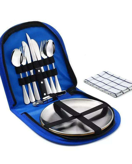 Compact Picnic Dining Set for Two - Durable Stainless Steel with Colorful Cloth Kit