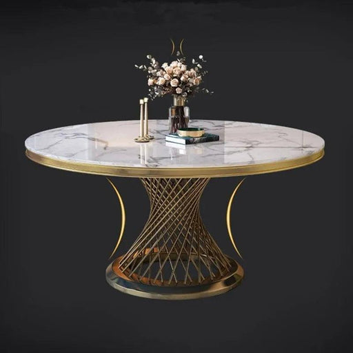 Gilded Glamour Round Dining Table: Contemporary Metal Cylinder Design