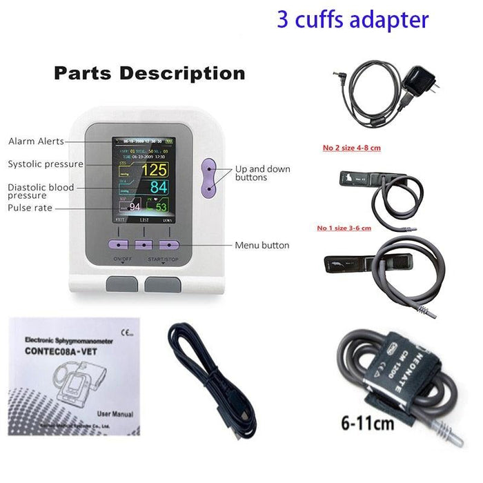 CONTEC08a Vet Animal Blood Pressure Detector Can Be Equipped With Blood Oxygen Function Probe And Cuff Of Various Sizes-0-Très Elite-China-3 cuffs adapter-Très Elite