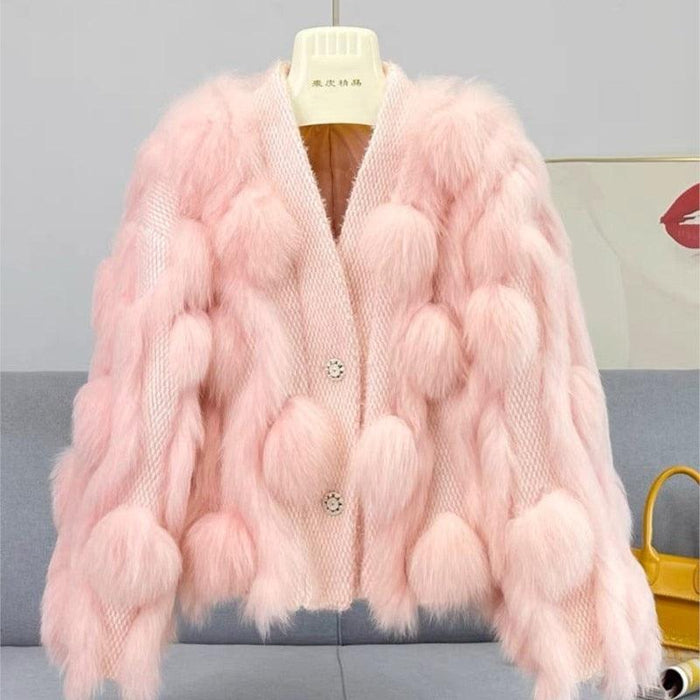 Elegant White Fox Fur Knitted Cardigan - Luxe Winter Statement