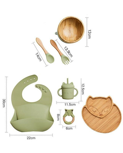 Bamboo Baby Feeding Set with Suction Plates and Rattle Toy - 7-Piece Collection