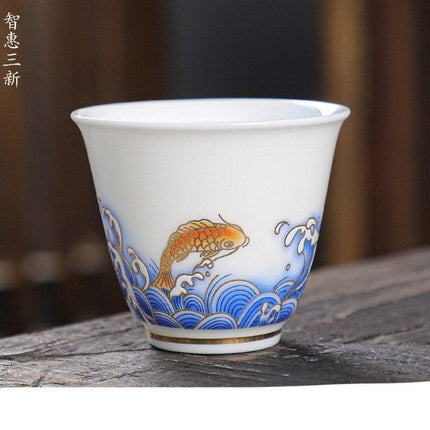 Crane Elegance White Porcelain Tea Cup for Good Fortune