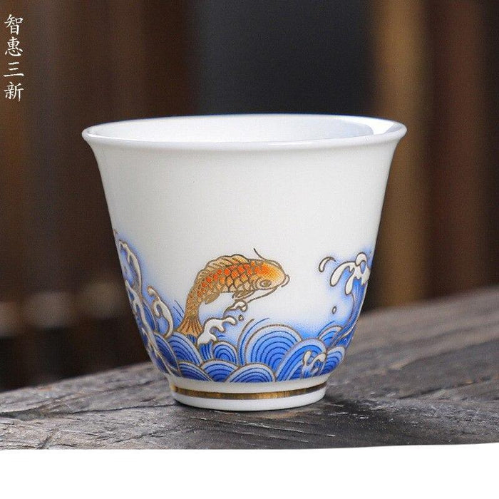 Crane Emblem White Porcelain Tea Cup - Symbolizing Longevity