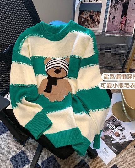 Cozy Cartoon Bear Knit Sweater - Oversized Casual Chic Top