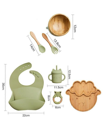 Bamboo Baby Feeding Set with Suction Plates and Rattle Toy - 7-Piece Collection