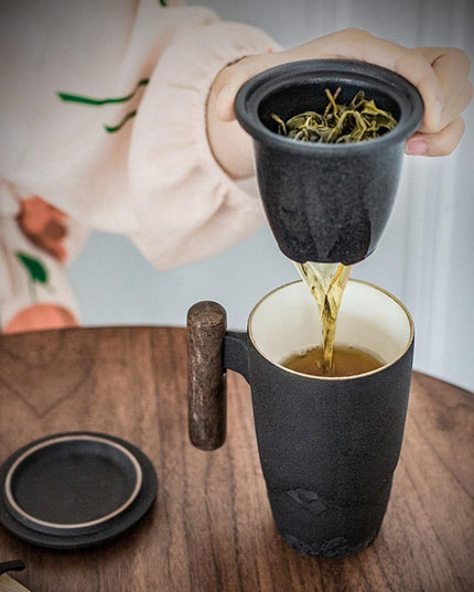 Elegant Zen Ceramic Mug Set with Wooden Handle & Infuser Lid - Ideal for Tea & Coffee Enthusiasts