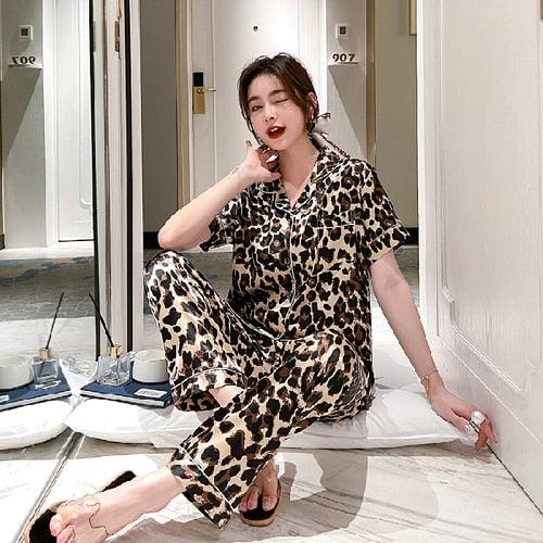 Leopard Print Satin Pajama Set - Luxurious Comfort for Women