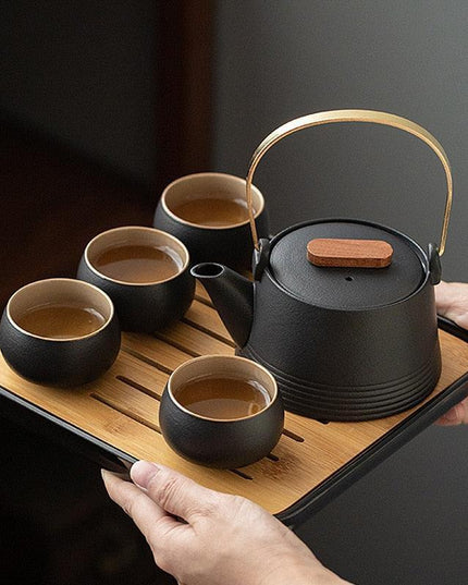 Elegant Japanese Tea Travel Set: Black Pottery Teaware with Convenient Carry Bag