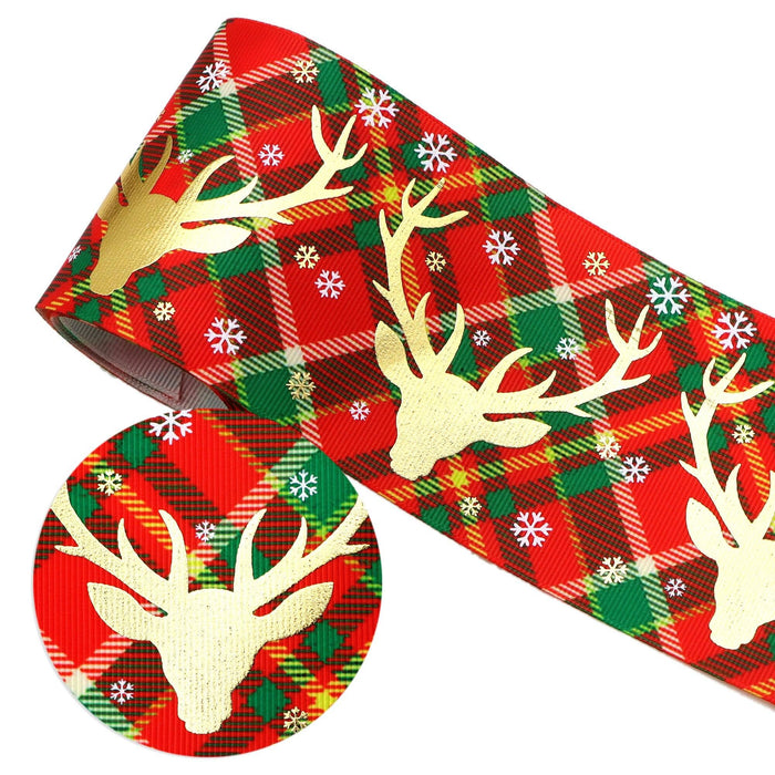 75mm Christmas Snowflake Deer Print Gold Foil Grosgrain Ribbon