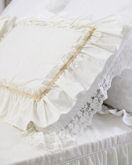 Luxurious Beige Cotton Pillow Sham Set with Stunning Lace Ruffles - Pack of 2
