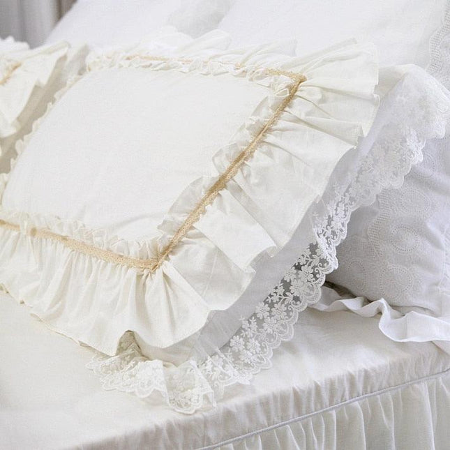 Luxurious Beige Cotton Pillow Sham Set with Stunning Lace Ruffles - Pack of 2