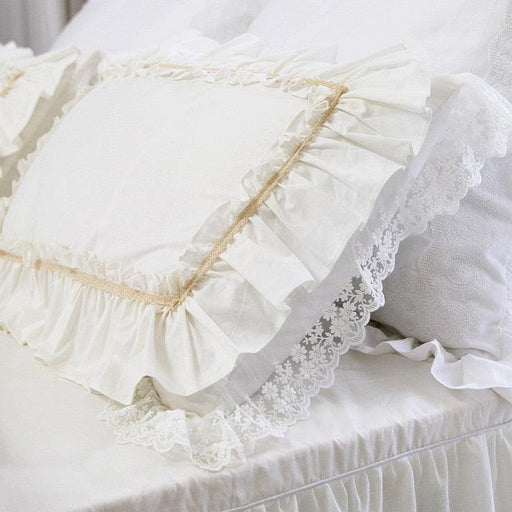 Elegant Beige Big Lace Ruffle Cotton Pillow Sham Set - Set of 2
