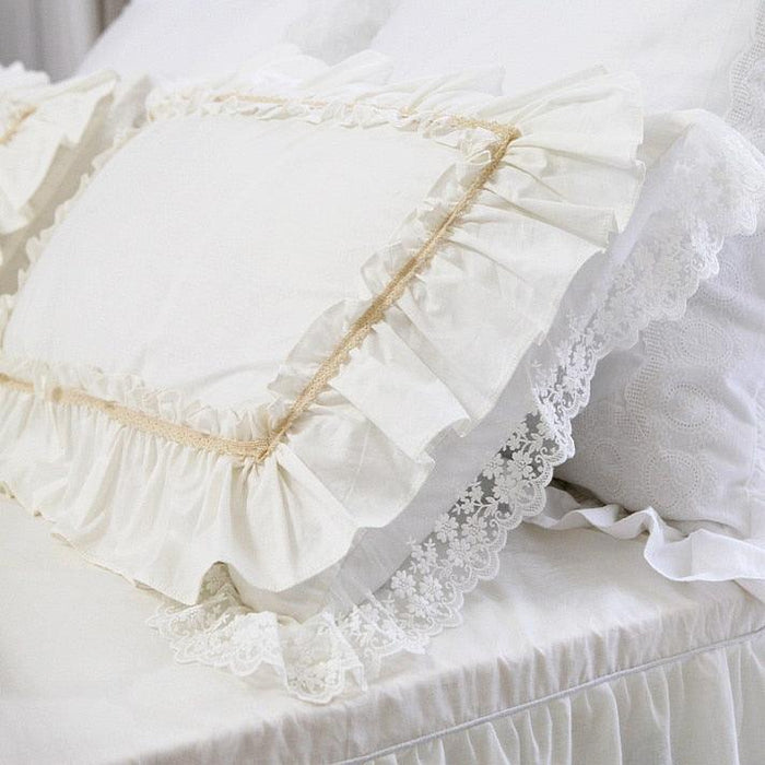 Luxurious Beige Cotton Pillow Sham Duo adorned with Elegant Big Lace Ruffles - Set of 2