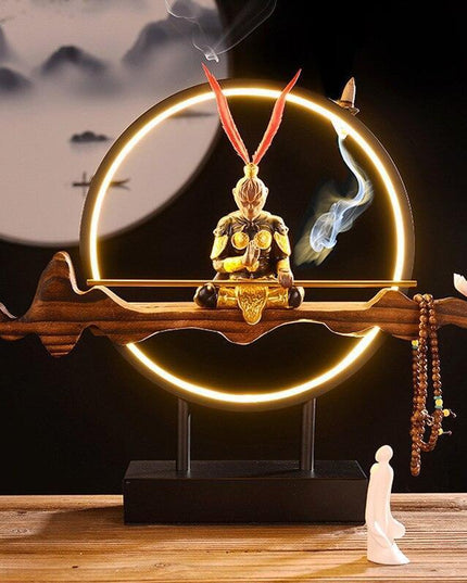 Tranquil Elegance Monkey King Ceramic Backflow Incense Burner with LED Illumination