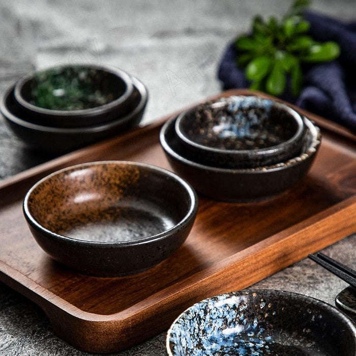 Retro Kiln Glaze Japanese Ceramic Sushi Plate and Mini Dipping Dish Set - Elegant Dining Collection