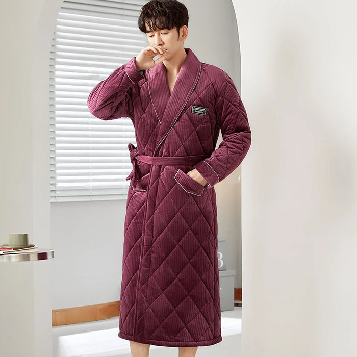 Luxurious Men's Velvet Quilted Robe - Triple Layer Warmth and Plushness