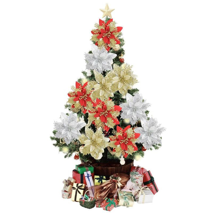 Golden Red Glitter Christmas Flower Ornaments - Festive Holiday Decor