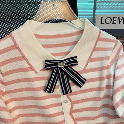 Elegant Striped Summer Knit Top with Bowtie Detail - Lightweight and Stylish