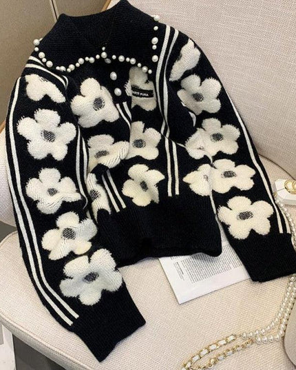 Vintage Pearl-Embellished Knit Pullover - Chic Autumn Sweater for Women