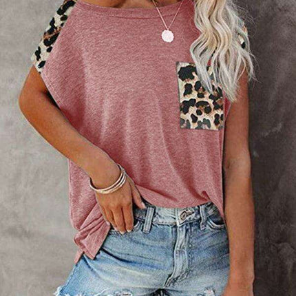 Safari Chic Women's Short Sleeve Tunic Top with Faux Animal Print Details