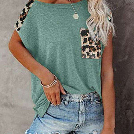 Safari Chic Women's Short Sleeve Tunic Top with Faux Animal Print Details