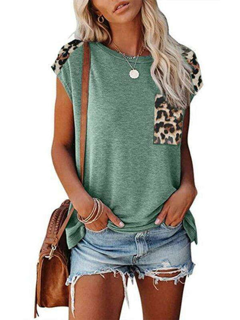 Safari Chic Women's Short Sleeve Tunic Top with Faux Animal Print Details