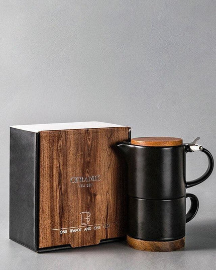 Elegant Nordic-Japanese Ceramic Tea Set with Acacia Wood Lid and Integrated Strainer