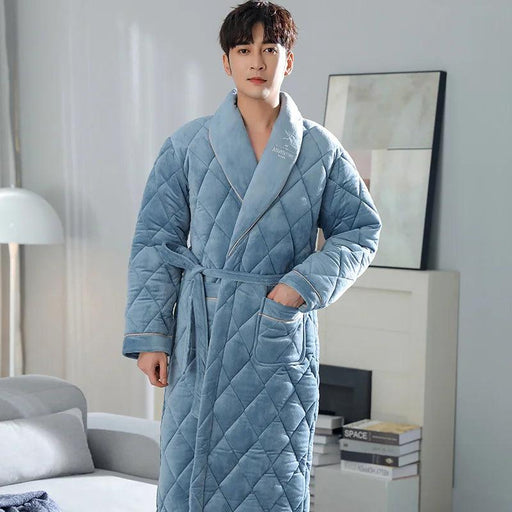 3-Layer Quilted Cotton Bathrobe for Men - Luxurious Kimono Style Dressing Gown