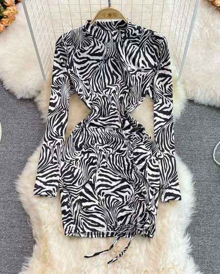 Sophisticated Ruched Leopard Print Bodycon Mini Dress with Elegant Stand Collar - Foamlina Luxe Collection