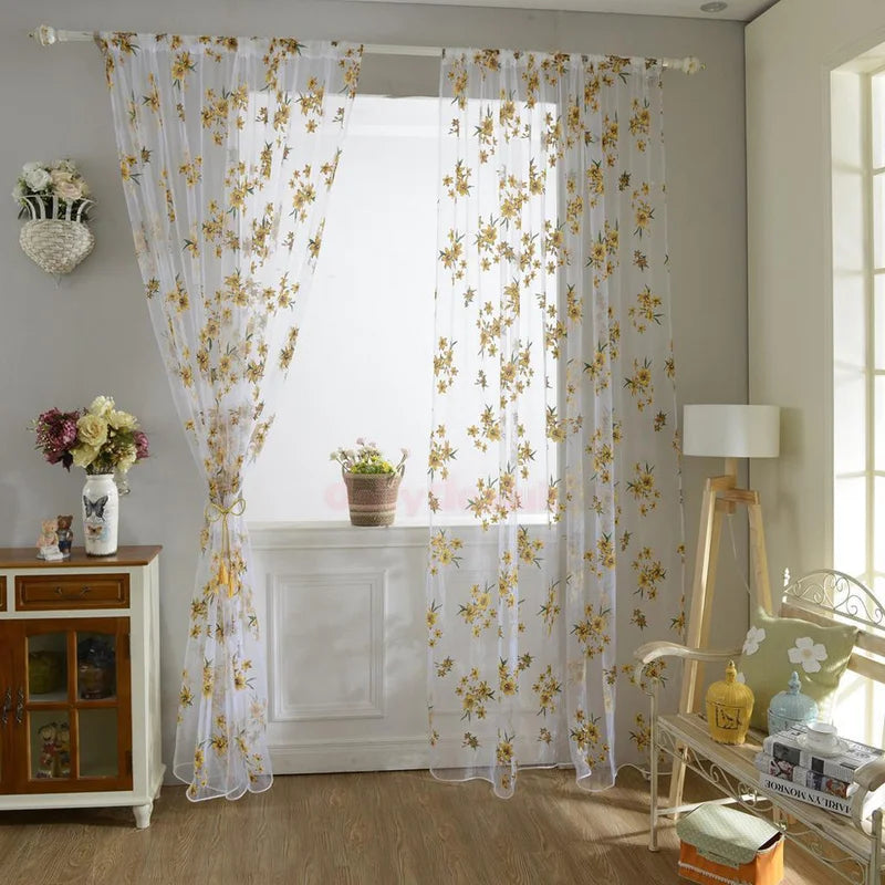 2021 Newest Hot Colorful Floral Print Sheer Privacy Curtain Panel Translucent Window Balcony Tulle Room Divider Flower Curtain Très Elite