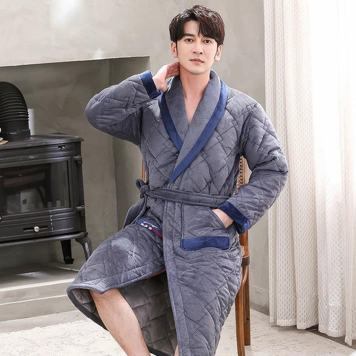 Winter Warmth Men's Quilted Flannel Kimono Bathrobe - Luxurious Long Robe for Cozy Evenings