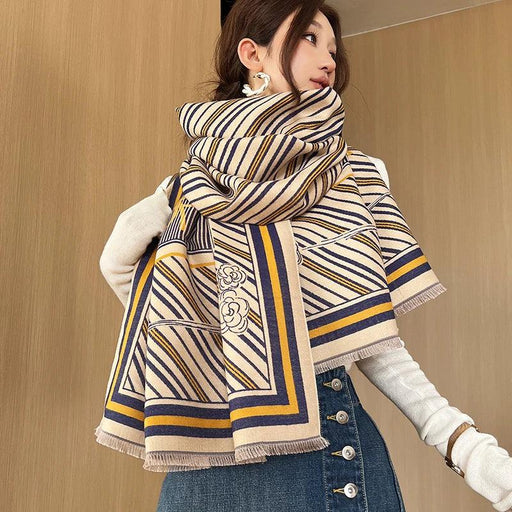 Elegant Floral Pattern Double-Sided Winter Scarf in Korean Style for Women | Soft Imitation Cashmere Shawl