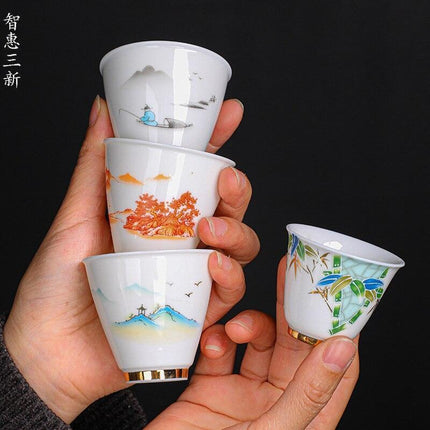 Crane Elegance White Porcelain Tea Cup for Good Fortune