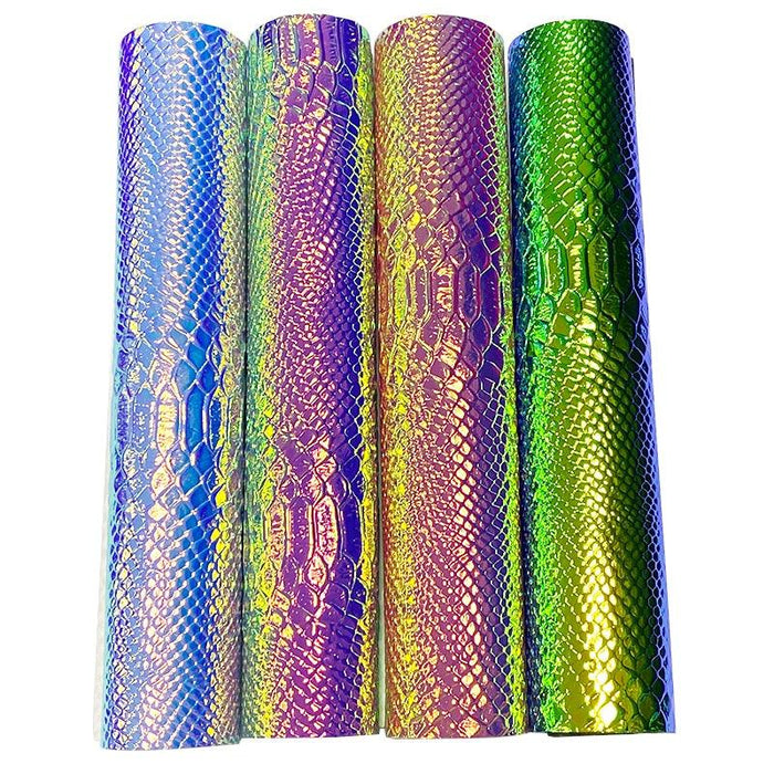 Snake Skin Grain Embossed Holographic PU Leather Fabric Sheet