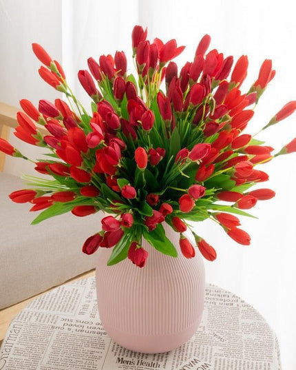 Lively Crimson Mini Tulip Faux Flower Bouquet - Quick Shipping Included